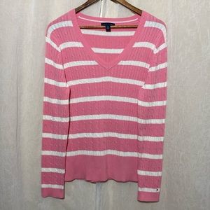 Tommy Hilfiger pink and white striped v neck sweater woman’s XL